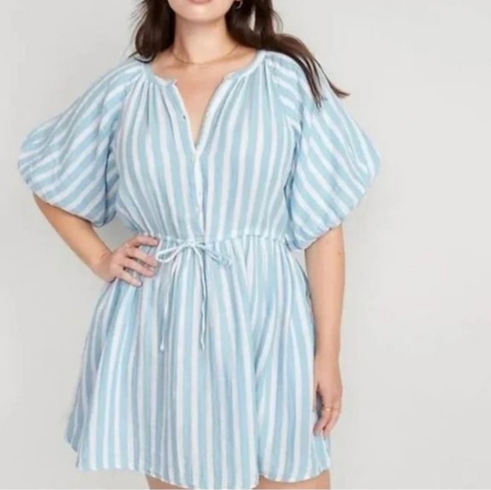 NWT Old Navy Waist Defined Puff Sleeve Light Blue Stripe Dress Plus‎ Size 3X